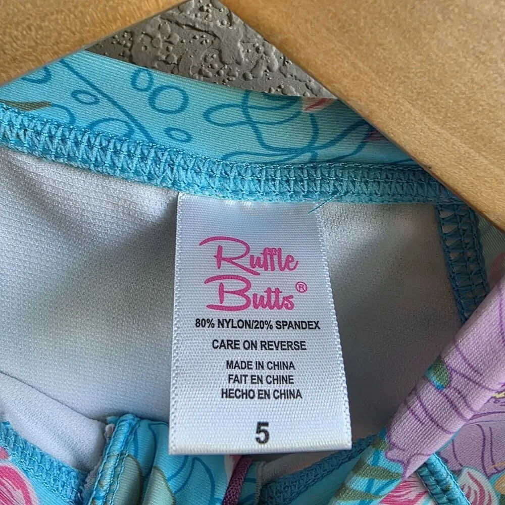 Ruffle Butts Orchid Oasis One Piece Rashguard Swimsuit Girl Size 5 Blue Hibiscus